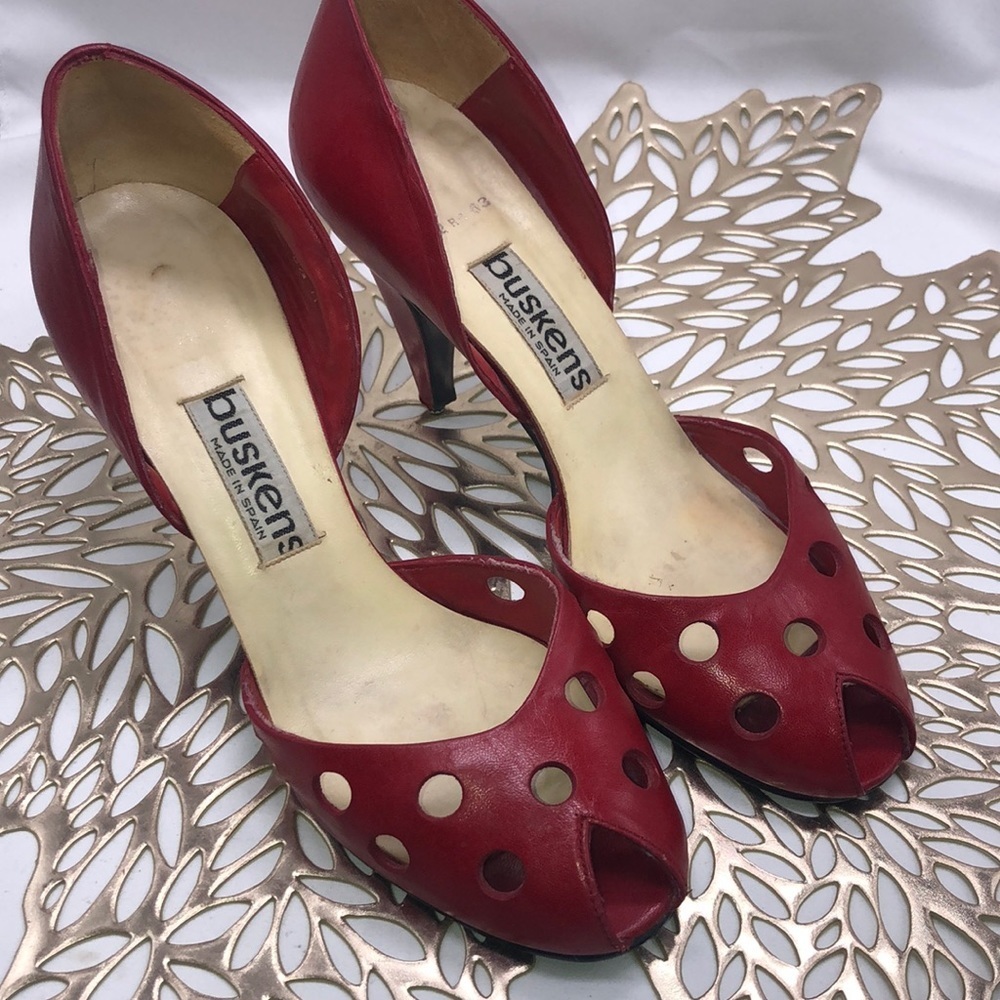 VINTAGE Buskens Made in Spain Polka Dot Peep Toe Red Heels Size 6.5